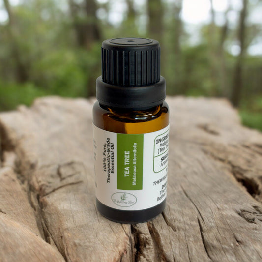 tea tree essential oil on a rough wood surface with woods blurred in the background