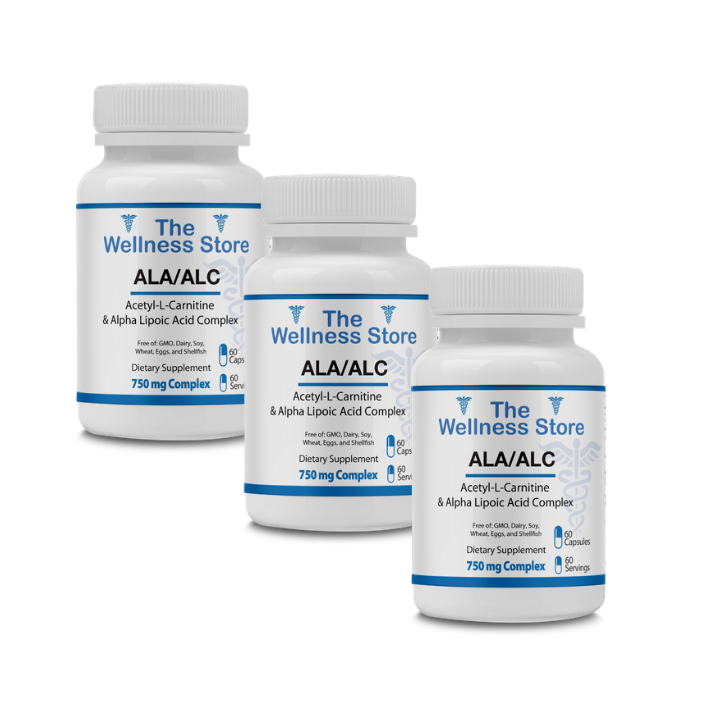 Three bottles of ALA/ALC supplement from The Wellness Store on a white background