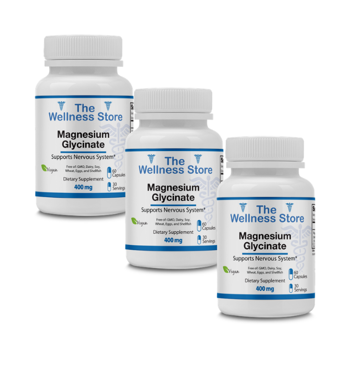 Three bottles of Magnesium Glycinate from The Wellness Store on a white background