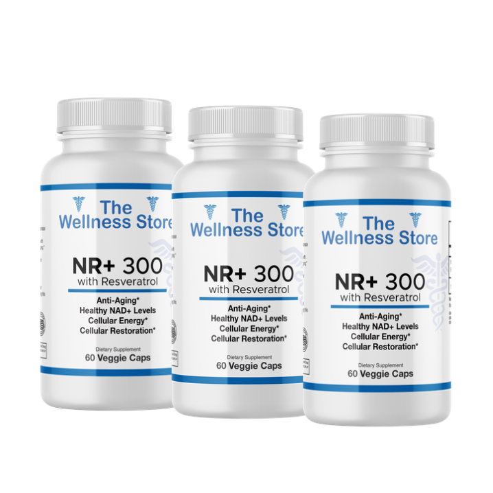 Three bottles of NR+ 300 with Resveratrol from The Wellness Store on a white background