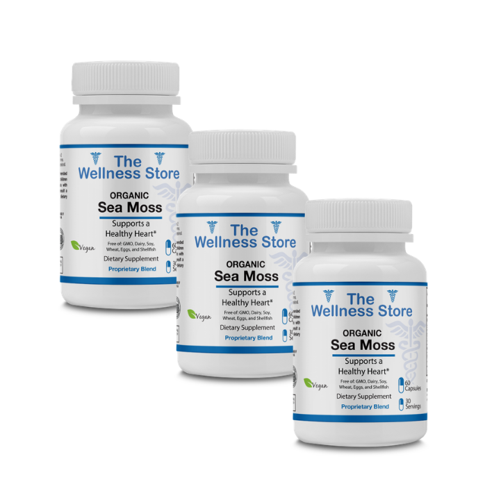 Three bottles of Organic Sea Moss from The Wellness Store on a white background