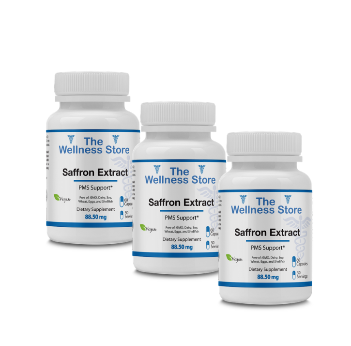 Three bottles of Saffron Extract from The Wellness Store on a white background