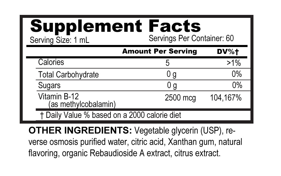 Vitamin B-12 methylcobalamin liquid drops supplement facts showing 2500 mcg per serving