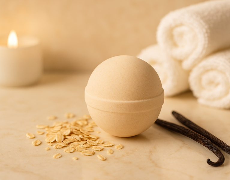 Bath bomb with oats, vanilla bean, and candles on a beige surface