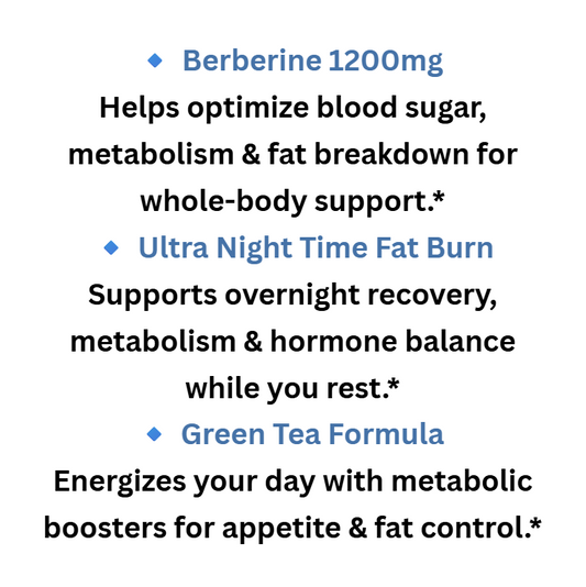 Text describing the benefits of Berberine, Ultra Night Time Fat Burn, and Green Tea Formula on a white background.