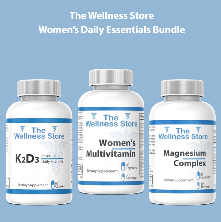 Three supplement bottles labeled 'K2D3', 'Women's Multivitamin', and 'Magnesium Complex' from 'The Wellness Store' on a blue background.