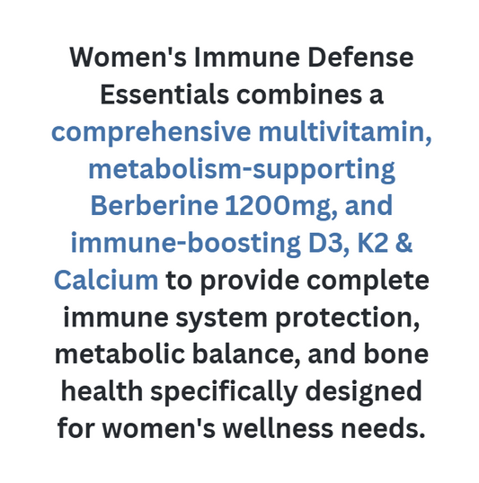 Text describing Women's Immune Defense Essentials supplement on a white background