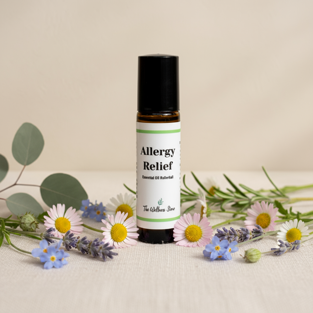 Allergy Relief Rollerball with flowers around it on a linen surface