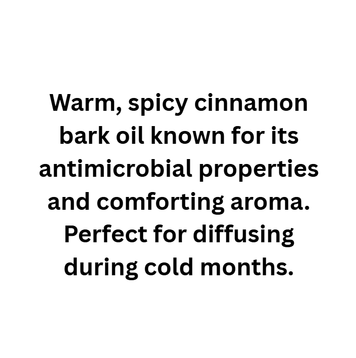 Text describing warm, spicy cinnamon bark oil with antimicrobial properties on a white background