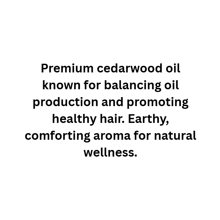 Text describing premium cedarwood oil on a white background