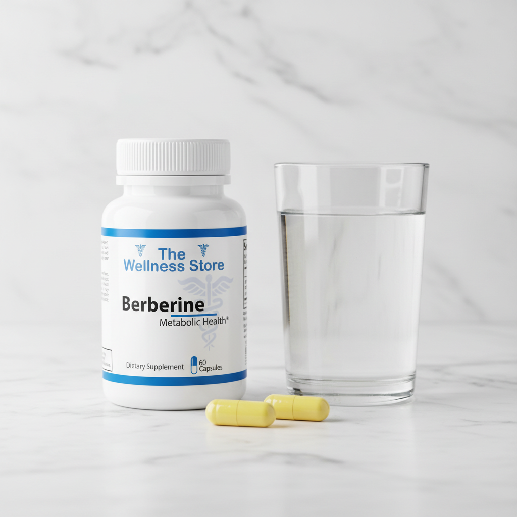 Berberine bottle with a glass of water and two berberine capsules to show dosage