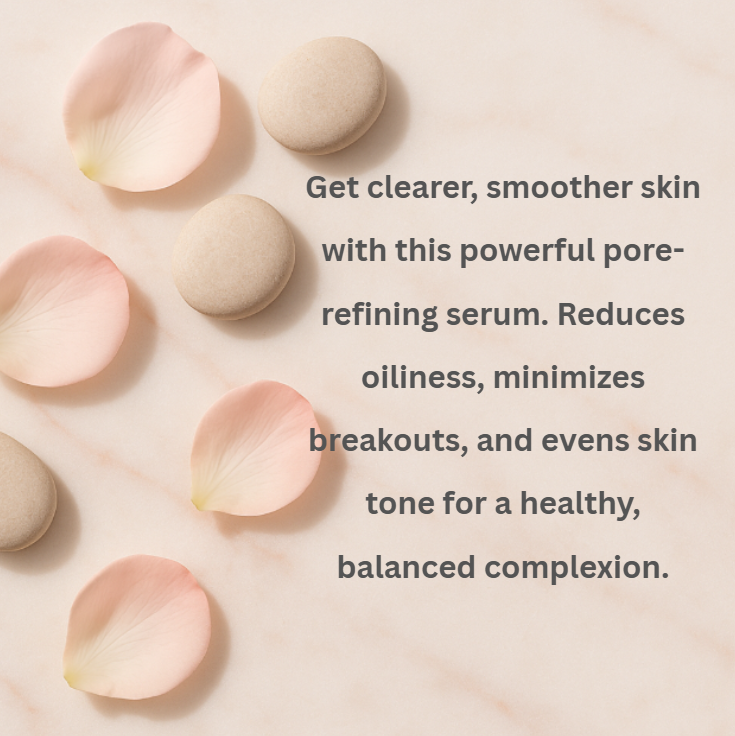 Flower petals with pink and beige colors on a light pink background, accompanied by text about skin care serum.