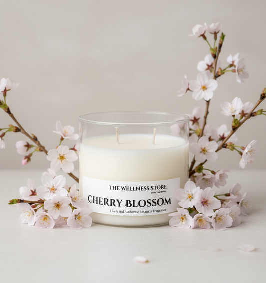 Cherry Blossom Candle with cherry blossom flowers surrounding the candle
