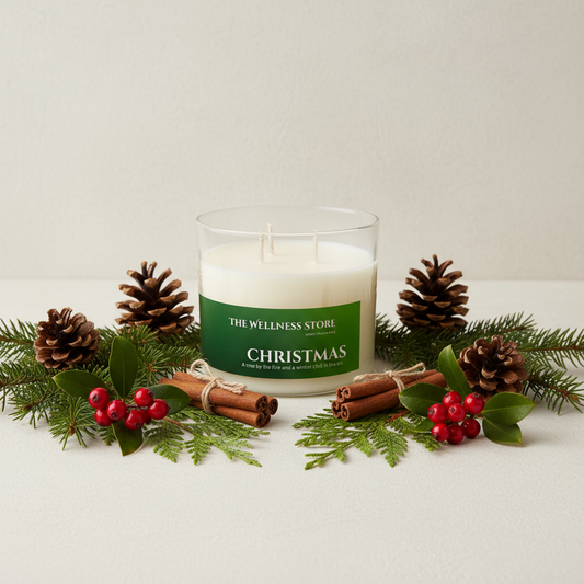 Christmas Candle with sprigs of pine, pinecones, cinnamon sticks and holly berries