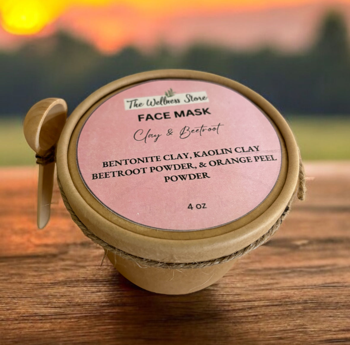 clay and beetroot facemask from the wellness store on an outdoor table with a blurred background