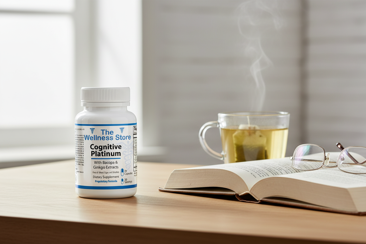 The Wellness Store Cognitive Platinum supplement bottle on a desk with book, green tea, and reading glasses — natural support for focus and mental clarity