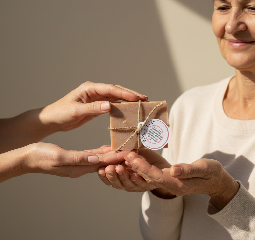 Rose and Clay soap donation with recipient