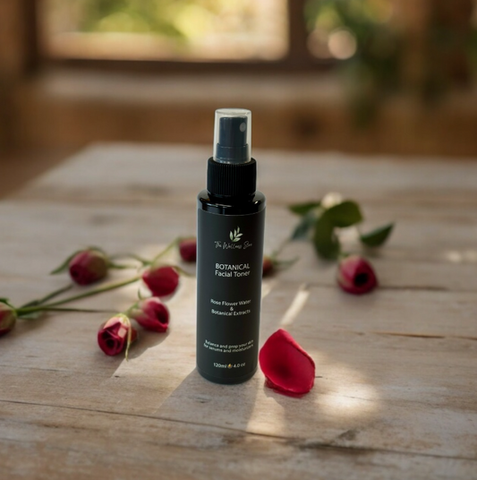 Black spray bottle labeled 'Botanical Facial Toner' on a wooden surface with red flowers.