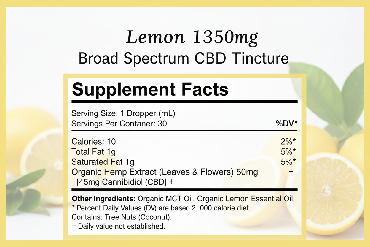 Label of Lemon 1350mg Broad Spectrum CBD Tincture with supplement facts and lemon illustrations.