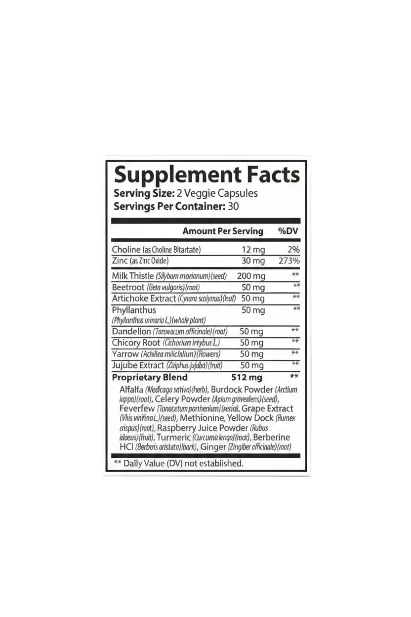 Detailed supplement facts panel for liver support supplement with 12 ingredients including milk thistle silymarin and NAC