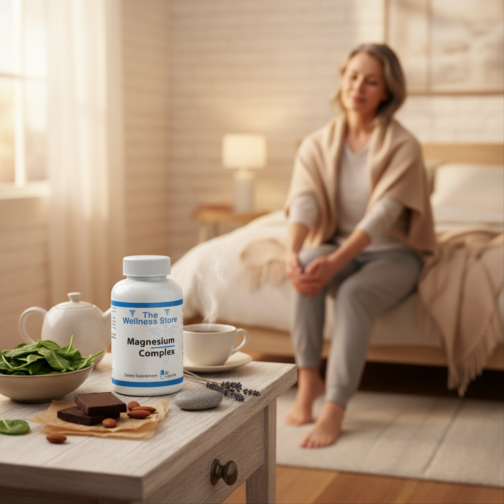 Magnesium Complex on a side table with tea and chocolate with a blurred image of a woman sitting on the bed in the background