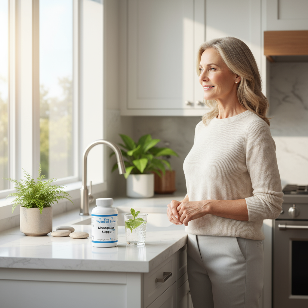Menopause Formula Lifestyle Image with product on a sink with a window behind it and a woman looking out the window