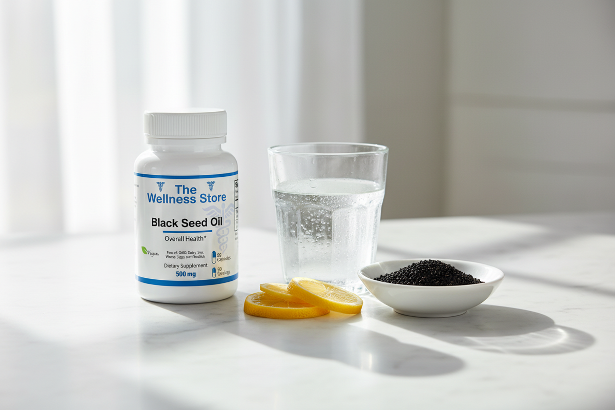 Morning Wellness Ritual - Black Seed Oil in a dish next to orange slices and water on a white surface