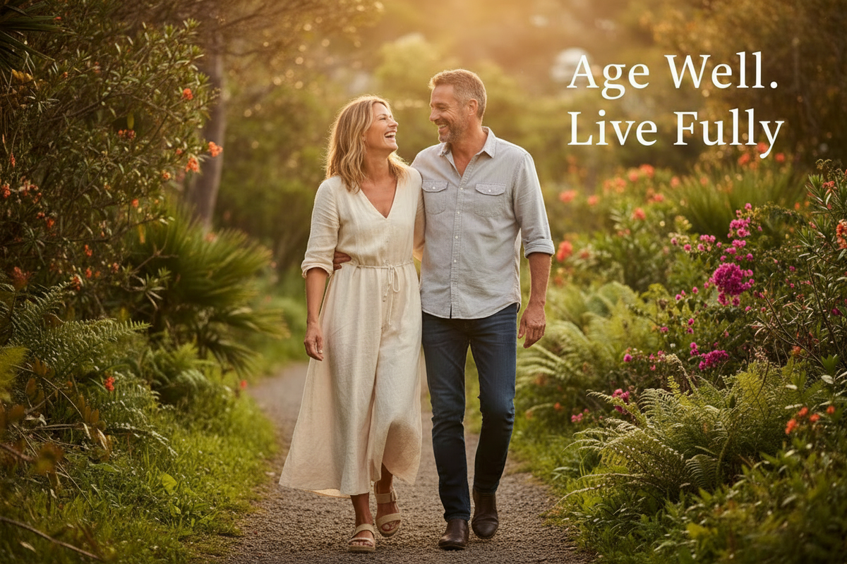 Vibrant couple in their 50s walking in golden light with text "Age Well. Live Fully." — NMN 500 healthy aging supplement by The Wellness Store