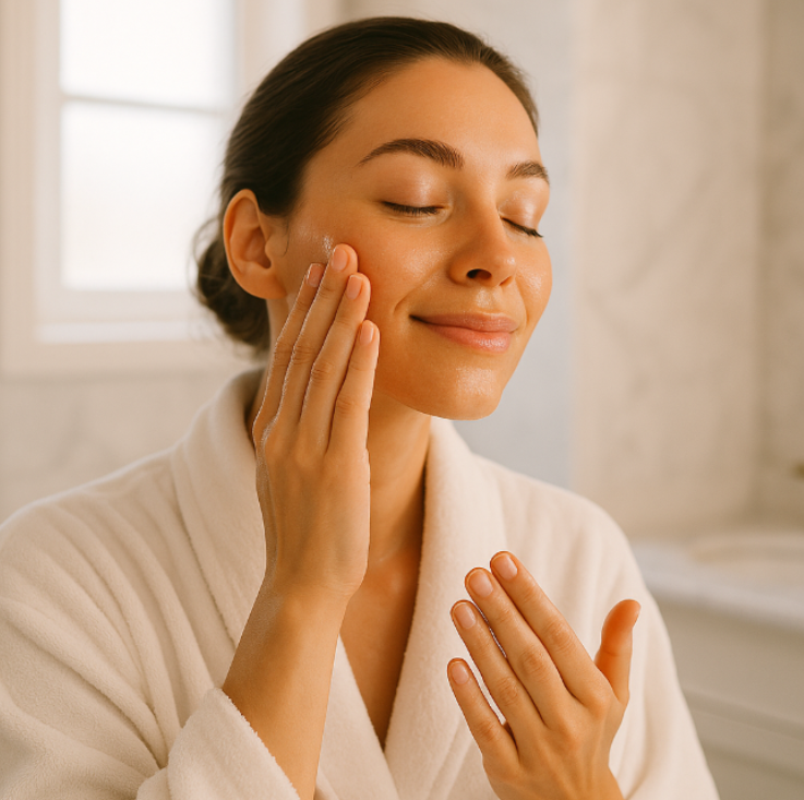 Woman in a white robe applying cream to her face in a bright room.