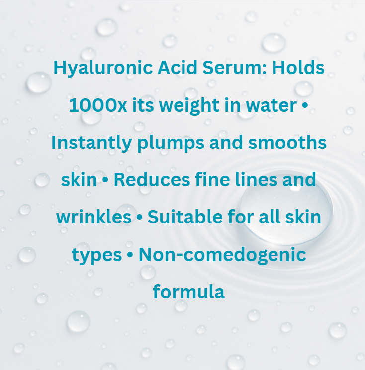 Text about hyaluronic acid serum with water droplets on a light blue background