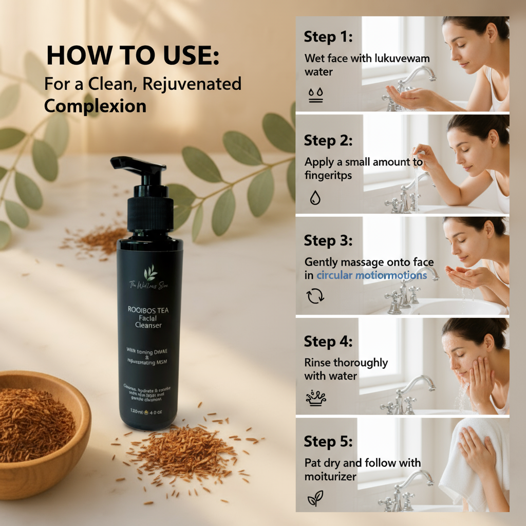 Rooibos anti aging Facial Cleanser product with usage instructions on a neutral background