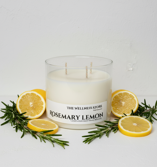 Rosemary Lemon Candle with lemons and rosemary sprigs