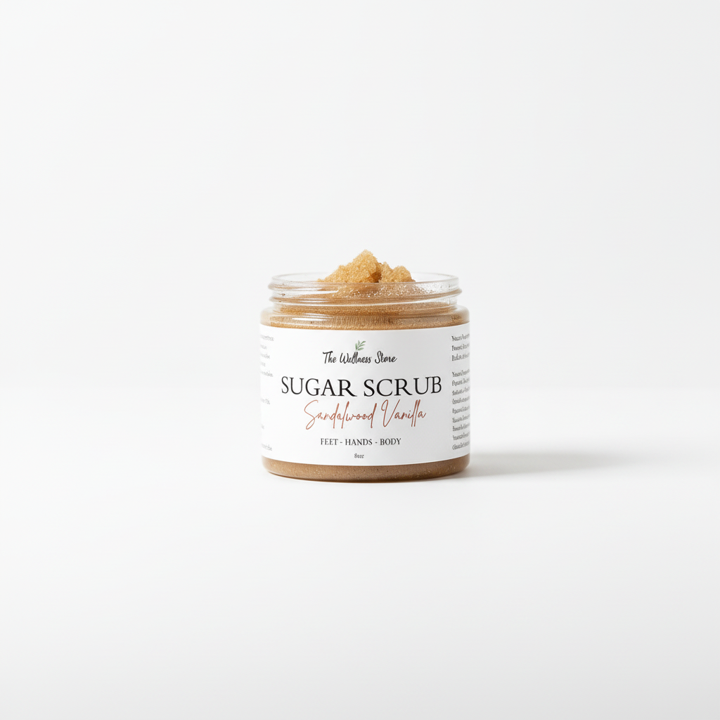 The Wellness Store Sandalwood Vanilla Sugar Scrub - natural exfoliating body scrub with warm sandalwood and vanilla