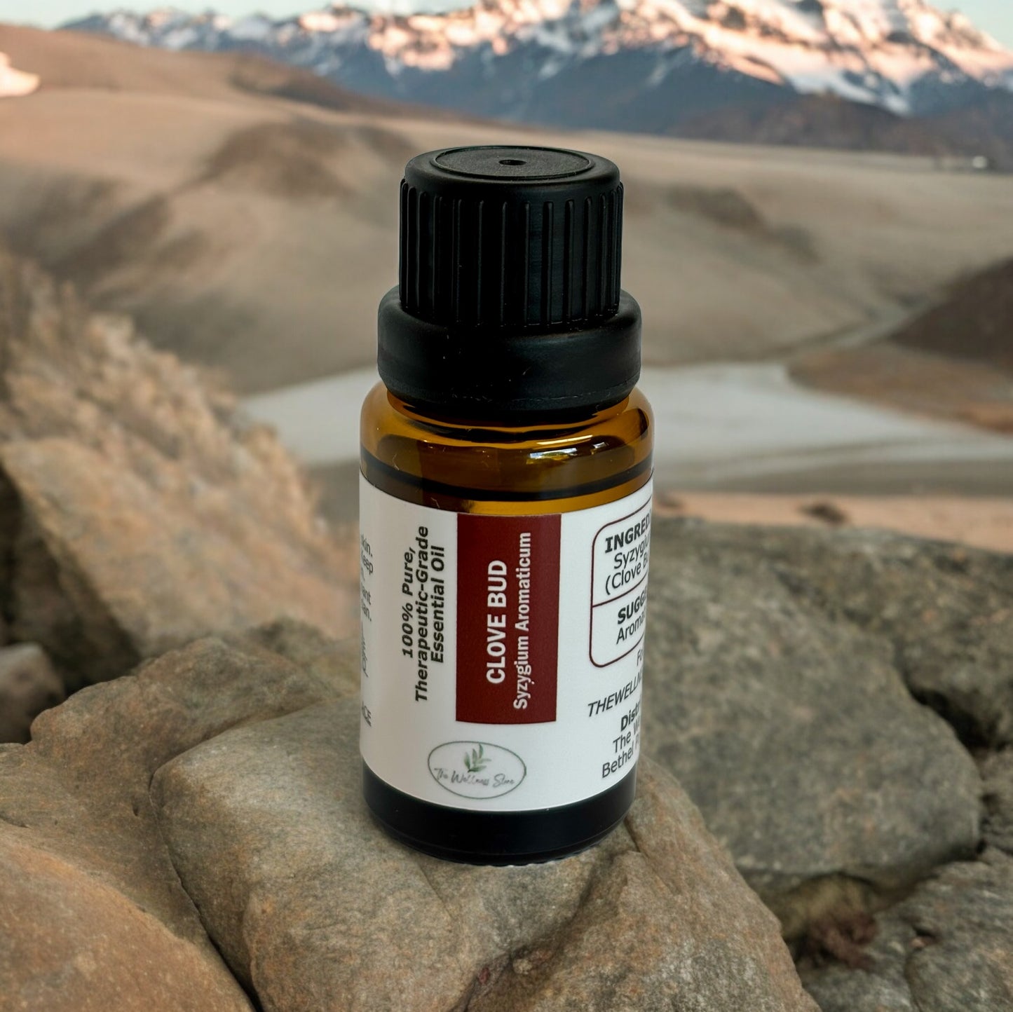 Clove bud essential oil on a rock covered hill with mountains in the background