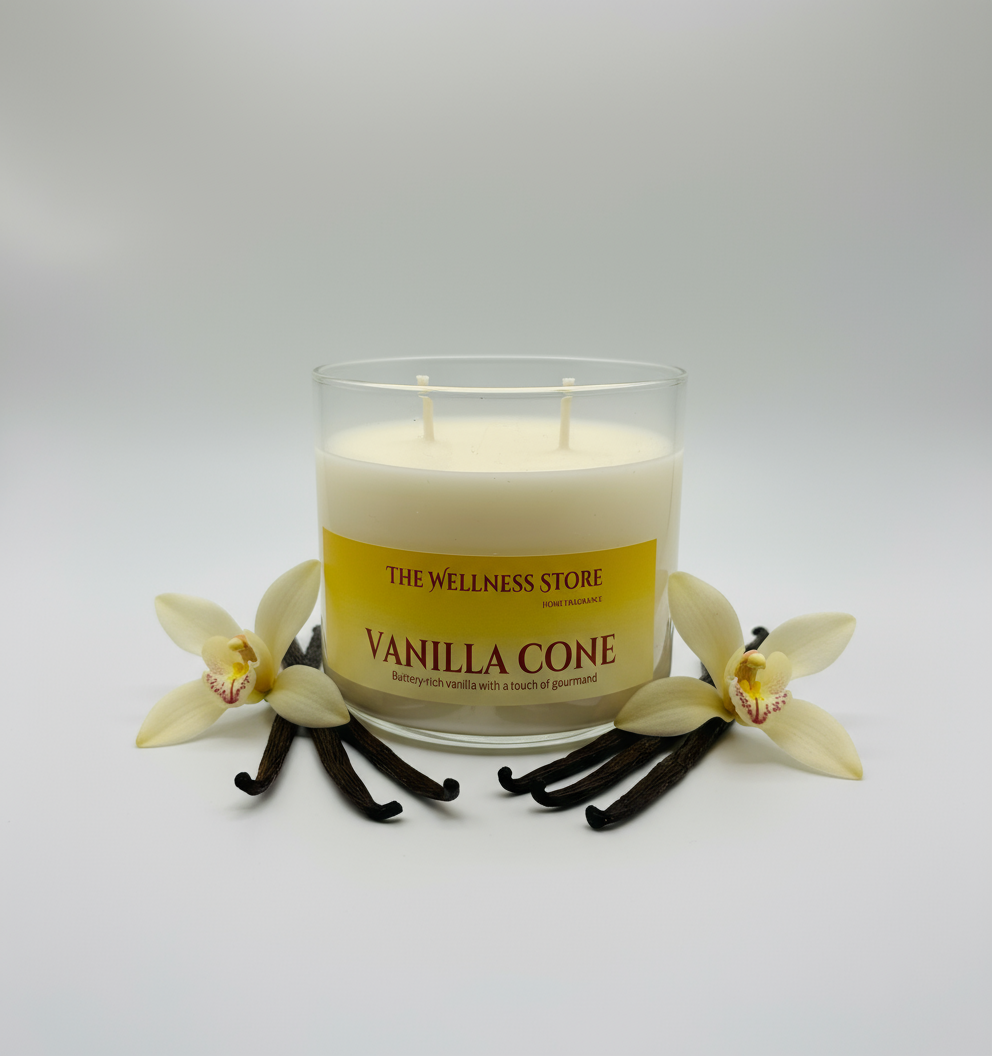 Vanilla Cone Candle with vanilla beans next to it