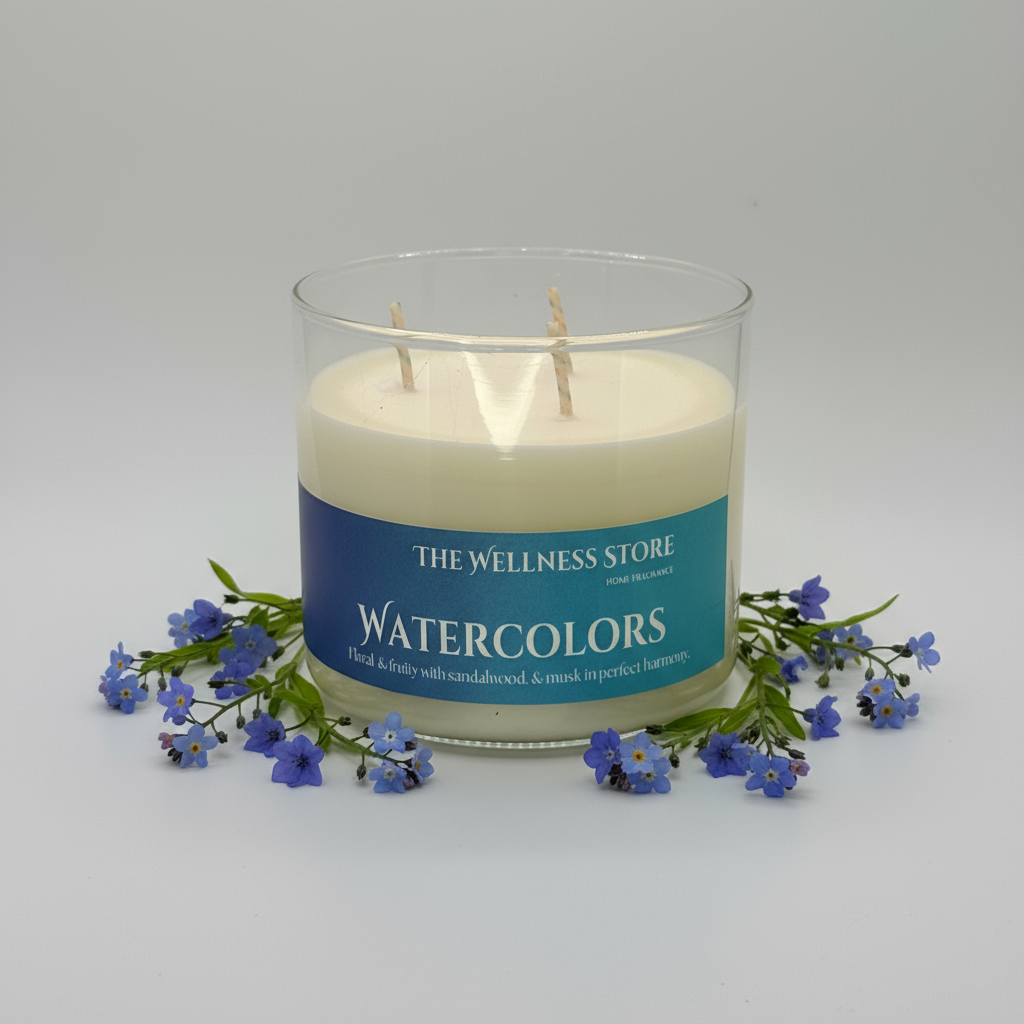 3 wick candle called watercolors from the wellness store