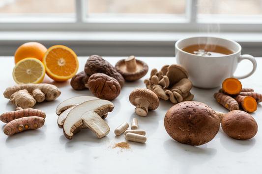 Beta glucans immune support from medicinal mushrooms including reishi, chaga, and turkey tail with supplements
