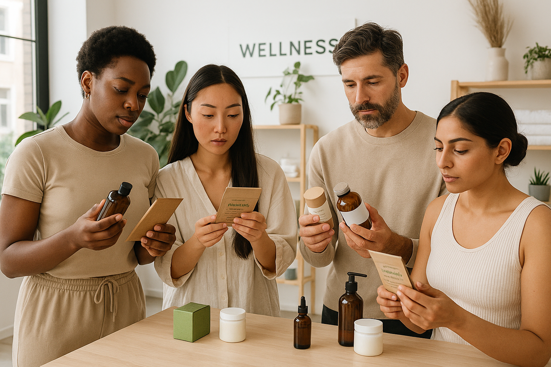 Four diverse people examining supplement bottles and labels in a modern wellness setting to evaluate product formulations and quality