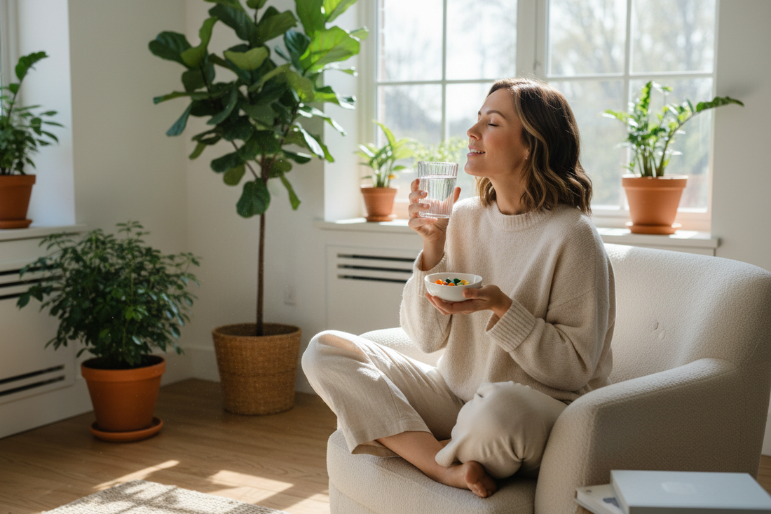 Woman taking daily immune support vitamins and supplements for cold and flu prevention in natural morning light