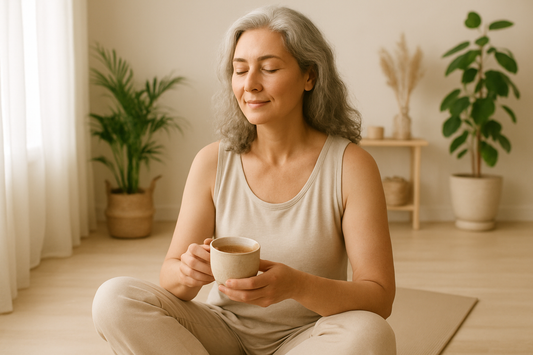 Confident woman in her 50s enjoying a peaceful wellness moment, representing menopause support and hormonal balance