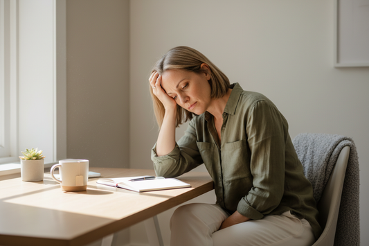 Exhausted woman at desk experiencing hormone-related fatigue and low energy