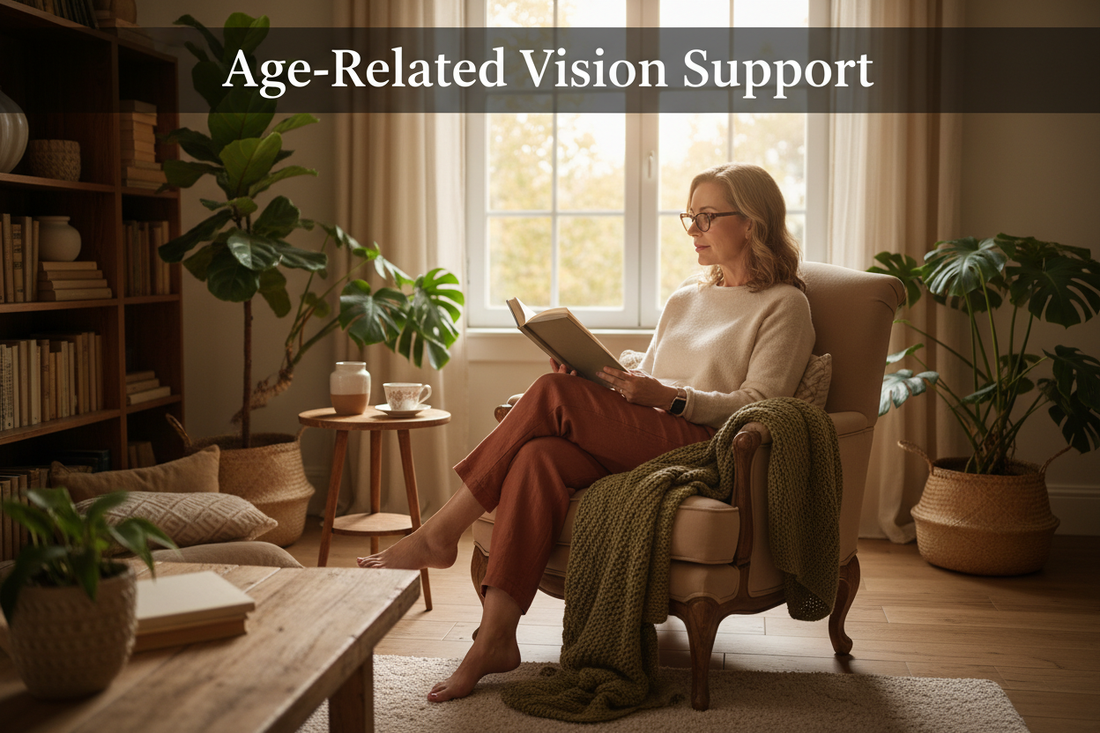 woman reading a book comfortably after using Eye Support Supplement
