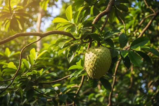 Fresh soursop (Graviola) fruit hanging from a tropical tree representing natural immune and cellular health support