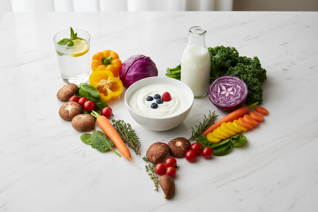 Probiotic-rich foods and fresh vegetables representing gut health and immune system support