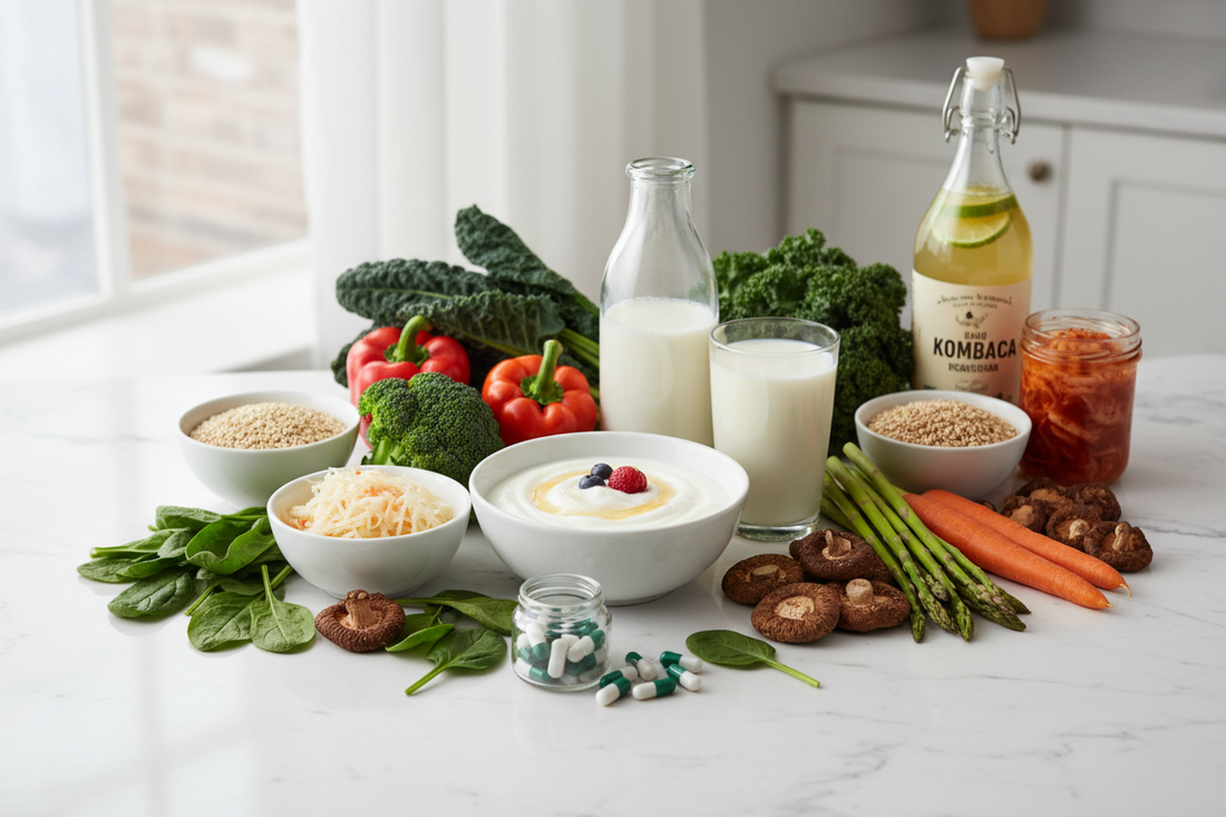 Gut immune connection showing probiotic foods, medicinal mushrooms, and supplements for digestive and immune health