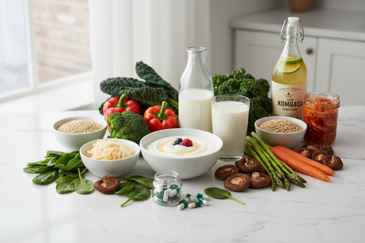 Gut immune connection showing probiotic foods, medicinal mushrooms, and supplements for digestive and immune health