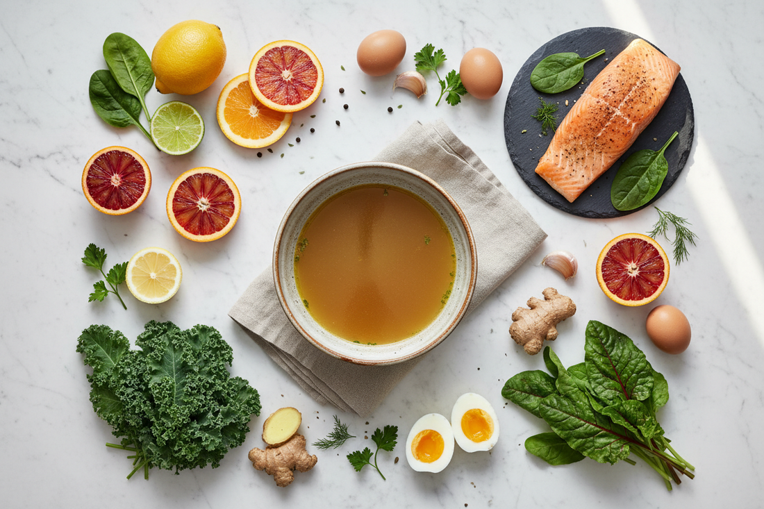 Collagen-rich foods including bone broth, citrus, fish, and eggs on white marble — natural sources of Type I and Type III collagen