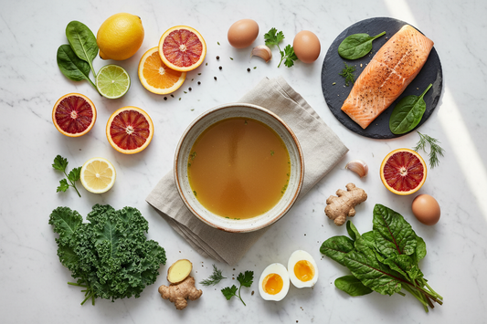 Collagen-rich foods including bone broth, citrus, fish, and eggs on white marble — natural sources of Type I and Type III collagen