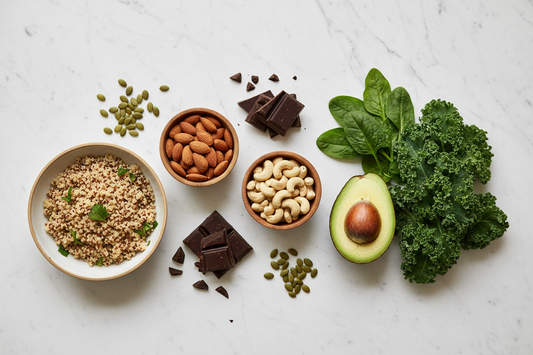 Magnesium-rich foods including spinach, almonds, pumpkin seeds, dark chocolate and avocado for natural mineral supplementation