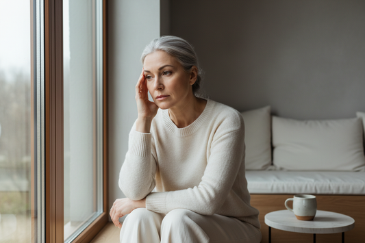 Middle-aged woman sitting by a window looking emotionally overwhelmed, reflecting the mood swings and emotional changes of menopause